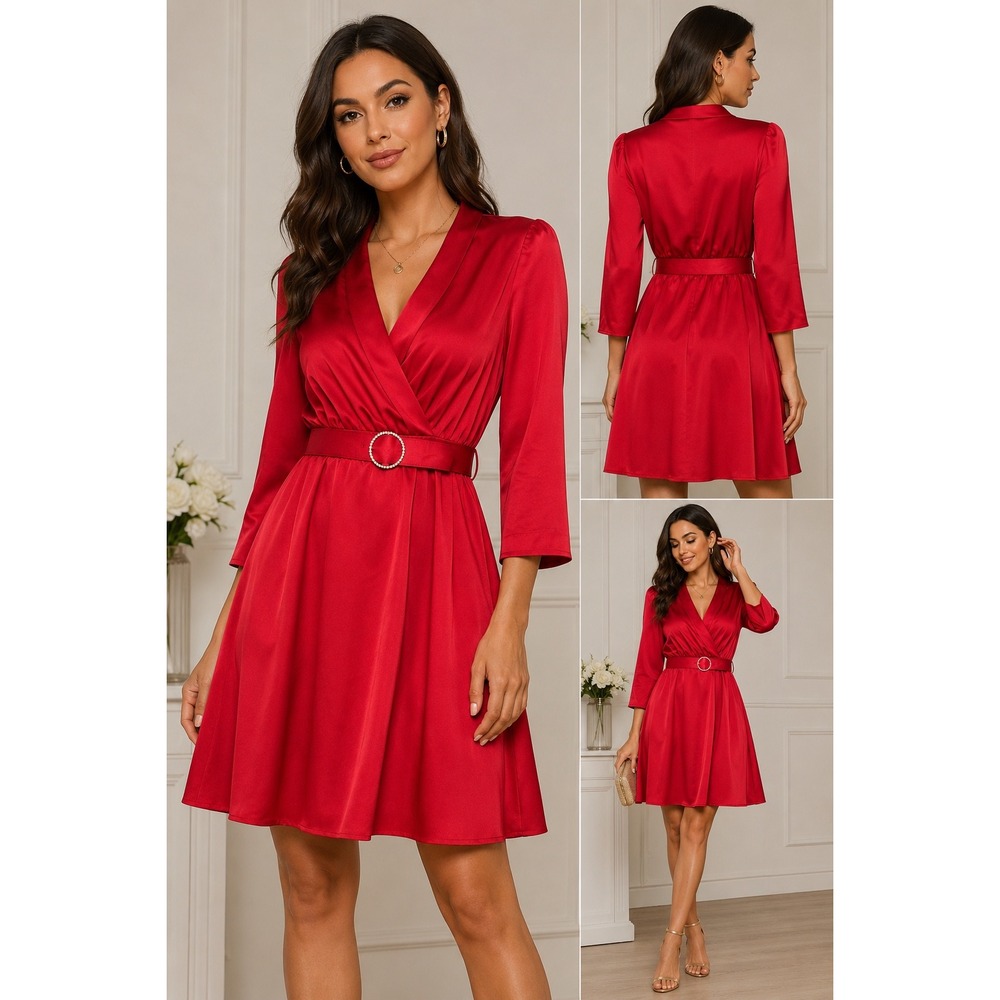 Zarr Collection Red Satin‎ Wrap Dress Rhinestone Belt 3/4 Sleeve Size 14 Womens